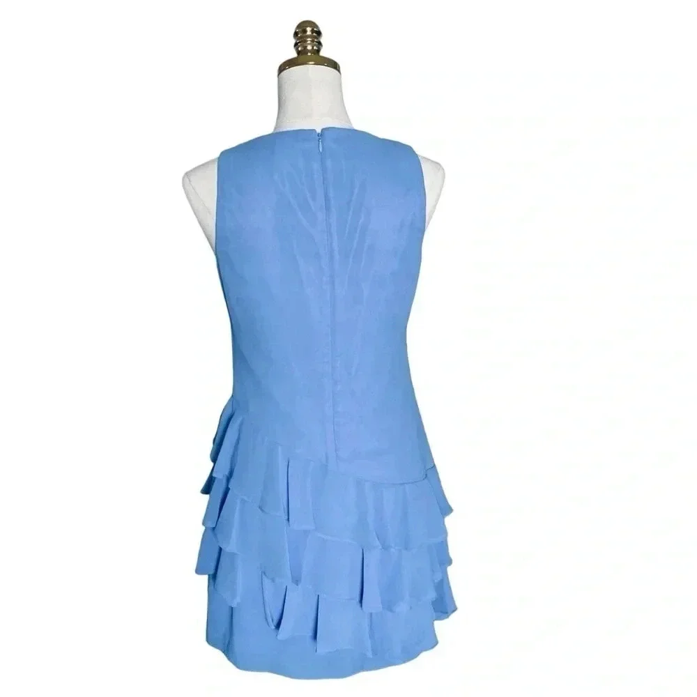 VINCE CAMUTO |Women's Sky Blue Sheer Asymmetric Ruffle Shift Mini Dress Size 2 - Picture 7 of 11